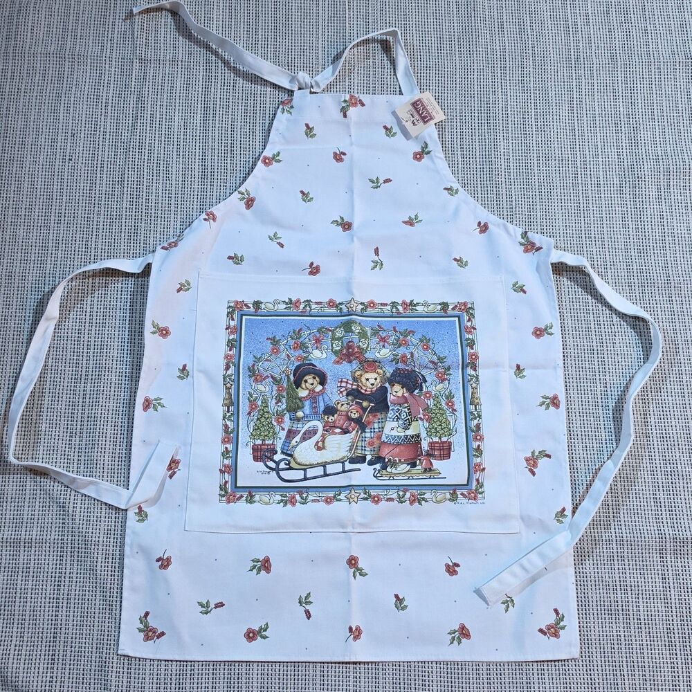 KAY DEE DESIGNS Vintage 90s Victorian Bears Family Christmas Apron NWT